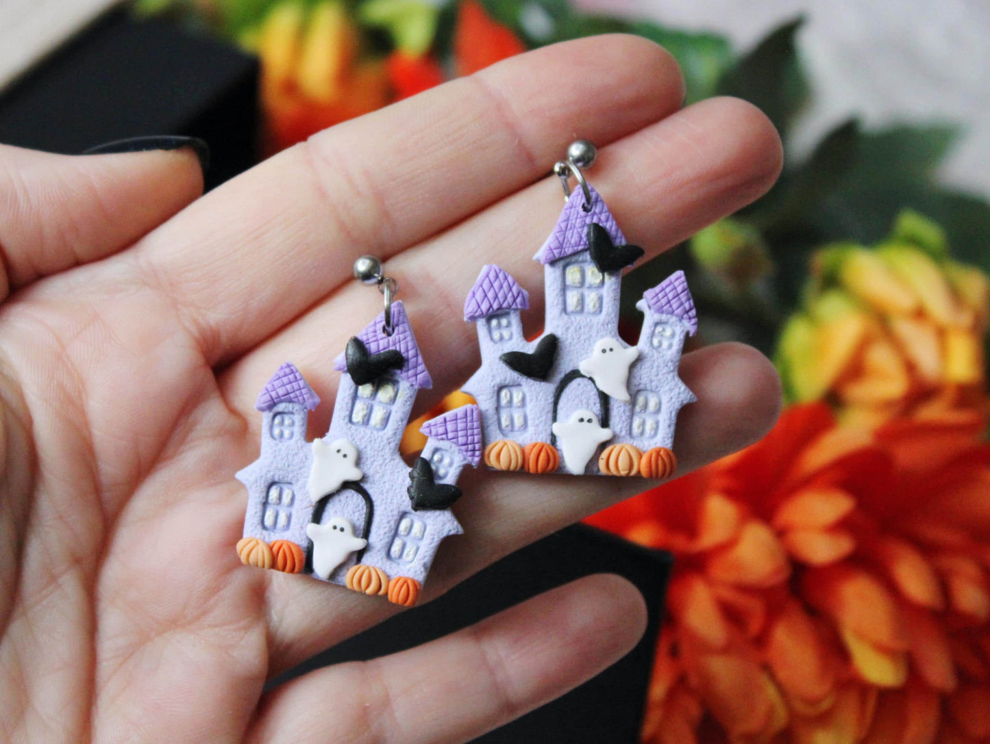 Halloween House Earrings, Halloween Earrings, Ghost Earrings, Dangle Earrings, Polymer Clay Earrings, Haunted House Earrings,Handmade, Gift