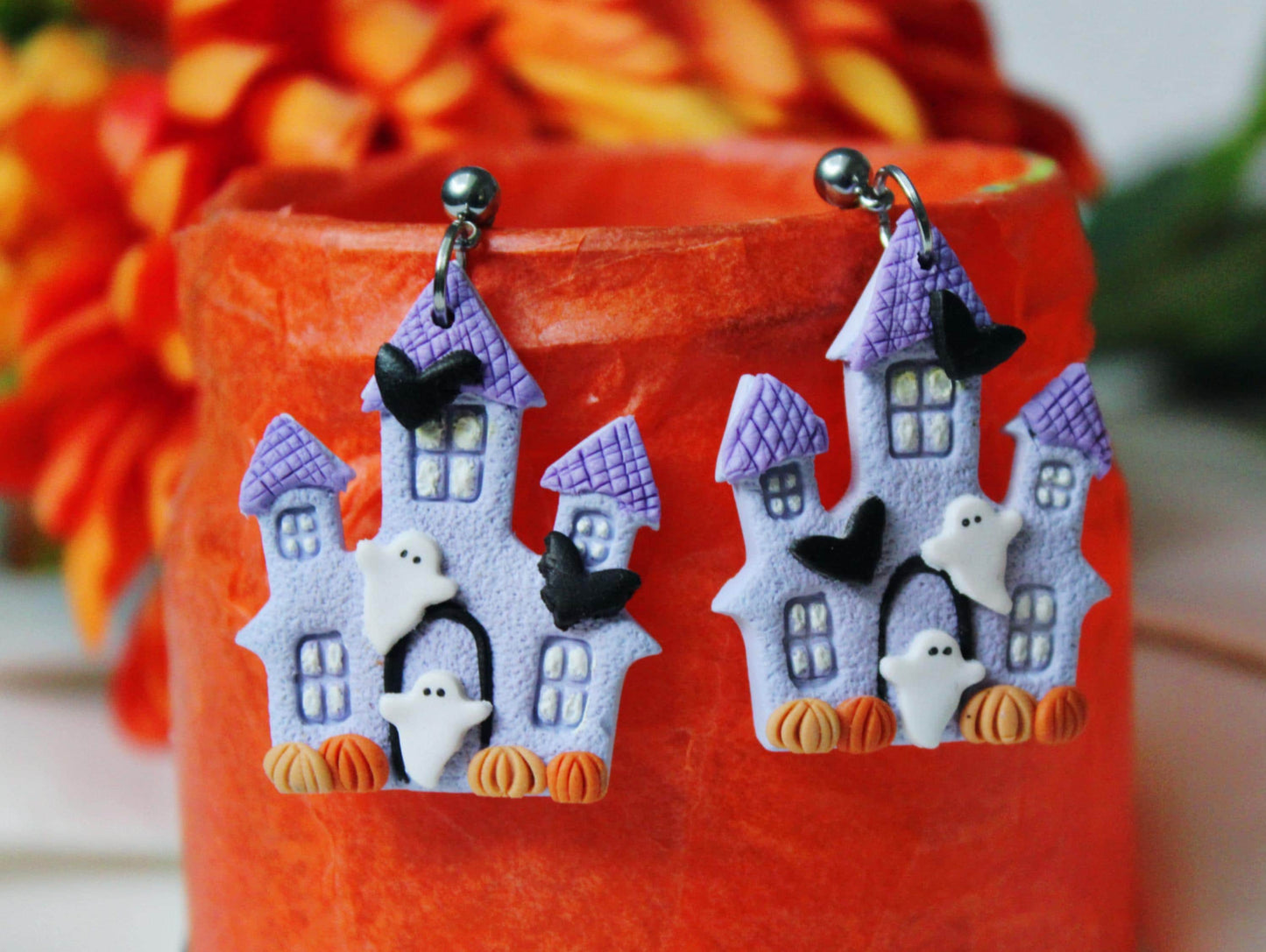Halloween House Earrings, Halloween Earrings, Ghost Earrings, Dangle Earrings, Polymer Clay Earrings, Haunted House Earrings,Handmade, Gift
