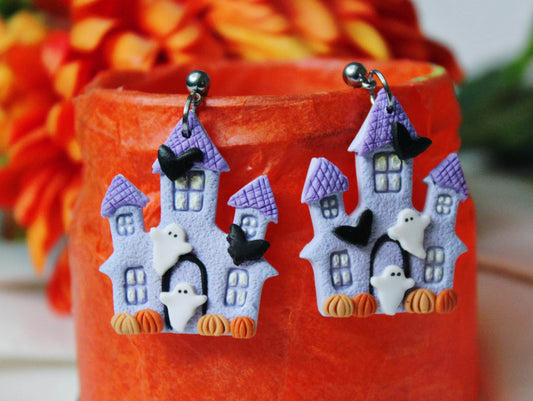 Halloween House Earrings, Halloween Earrings, Ghost Earrings, Dangle Earrings, Polymer Clay Earrings, Haunted House Earrings,Handmade, Gift