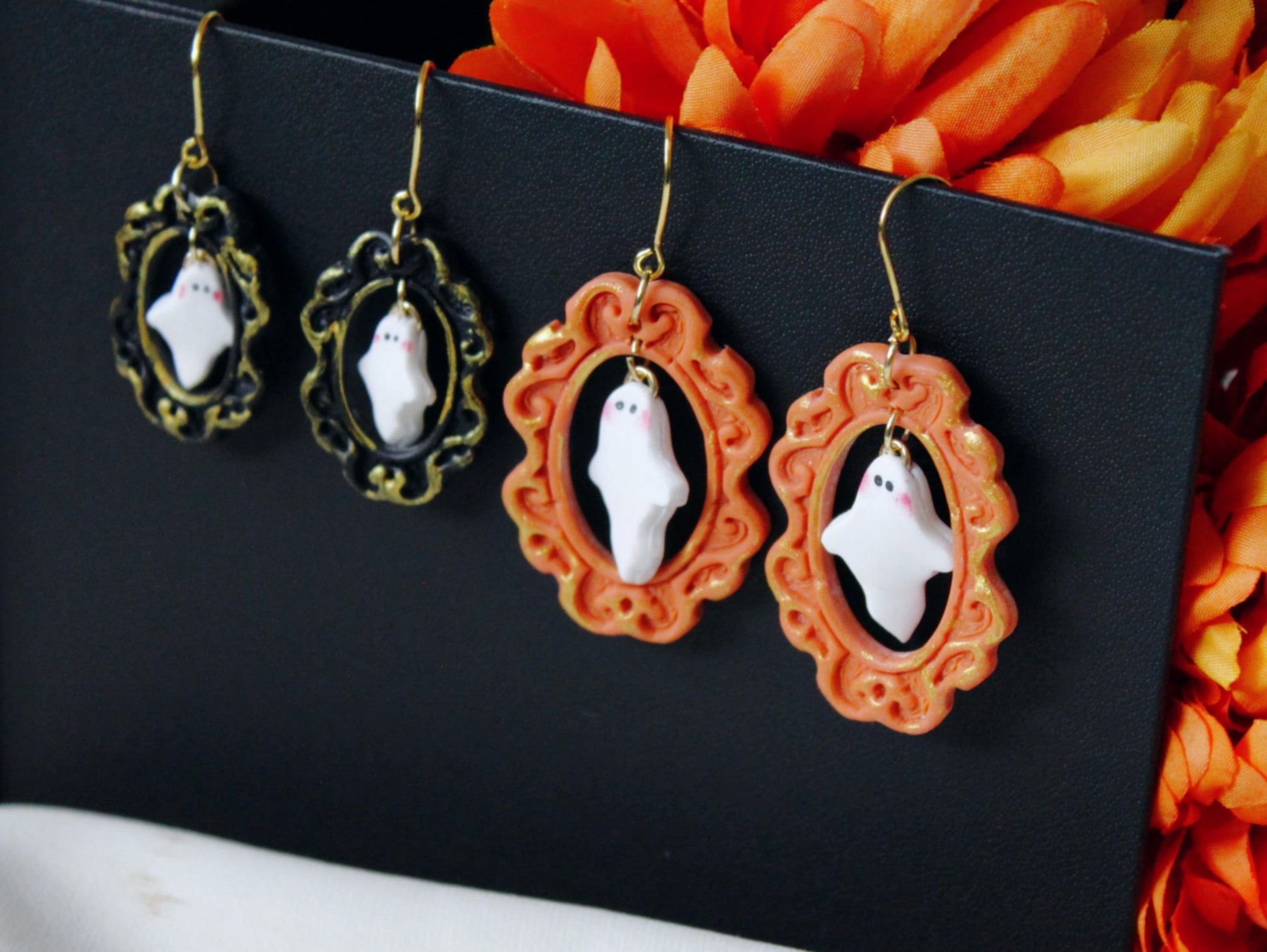 Ghost Earrings, Halloween Earrings, Polymer Clay Earrings, Ghost in a Frame, Frame Earrings, Halloween Earrings Clay, Halloween Earrings