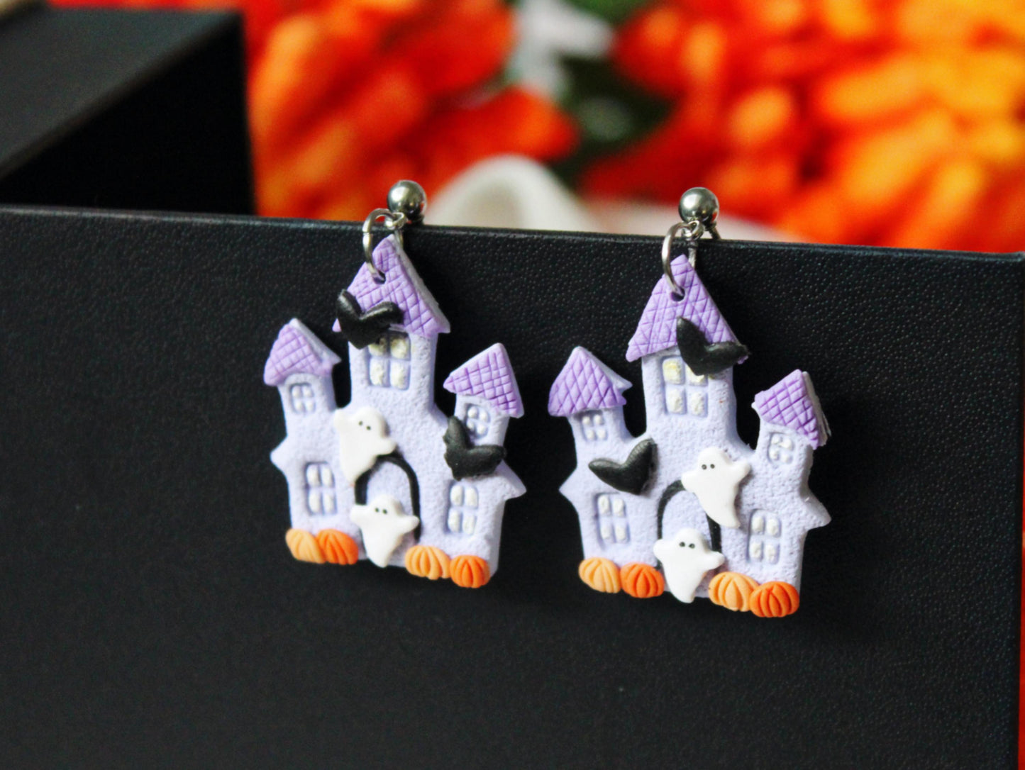 Halloween House Earrings, Halloween Earrings, Ghost Earrings, Dangle Earrings, Polymer Clay Earrings, Haunted House Earrings,Handmade, Gift