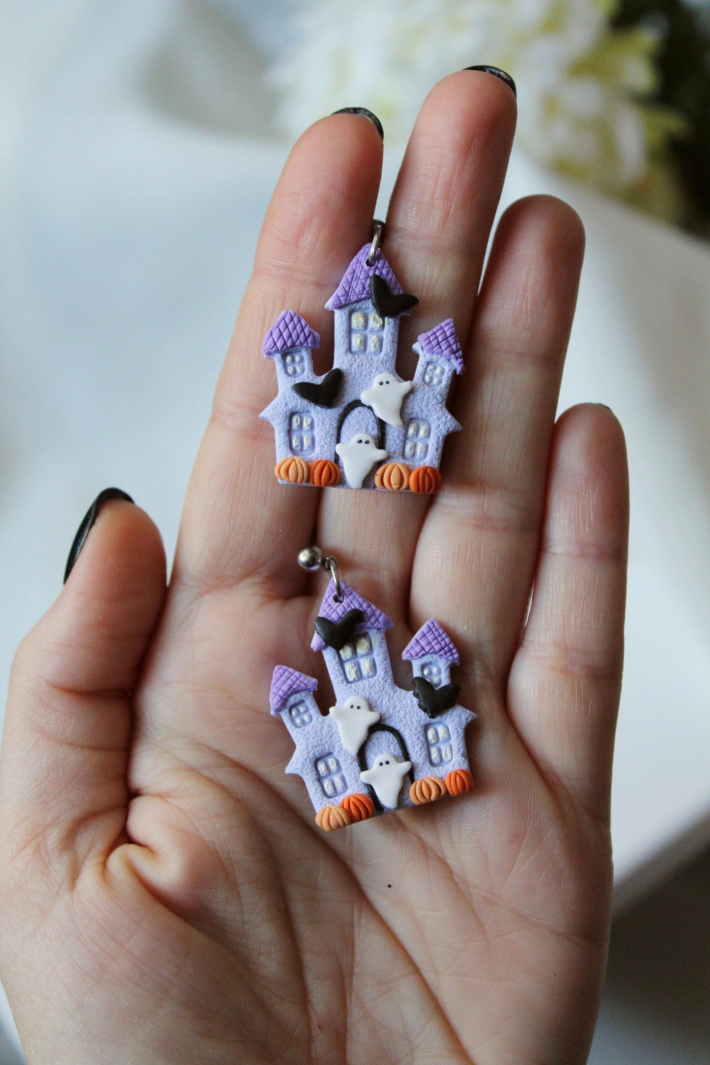 Halloween House Earrings, Halloween Earrings, Ghost Earrings, Dangle Earrings, Polymer Clay Earrings, Haunted House Earrings,Handmade, Gift