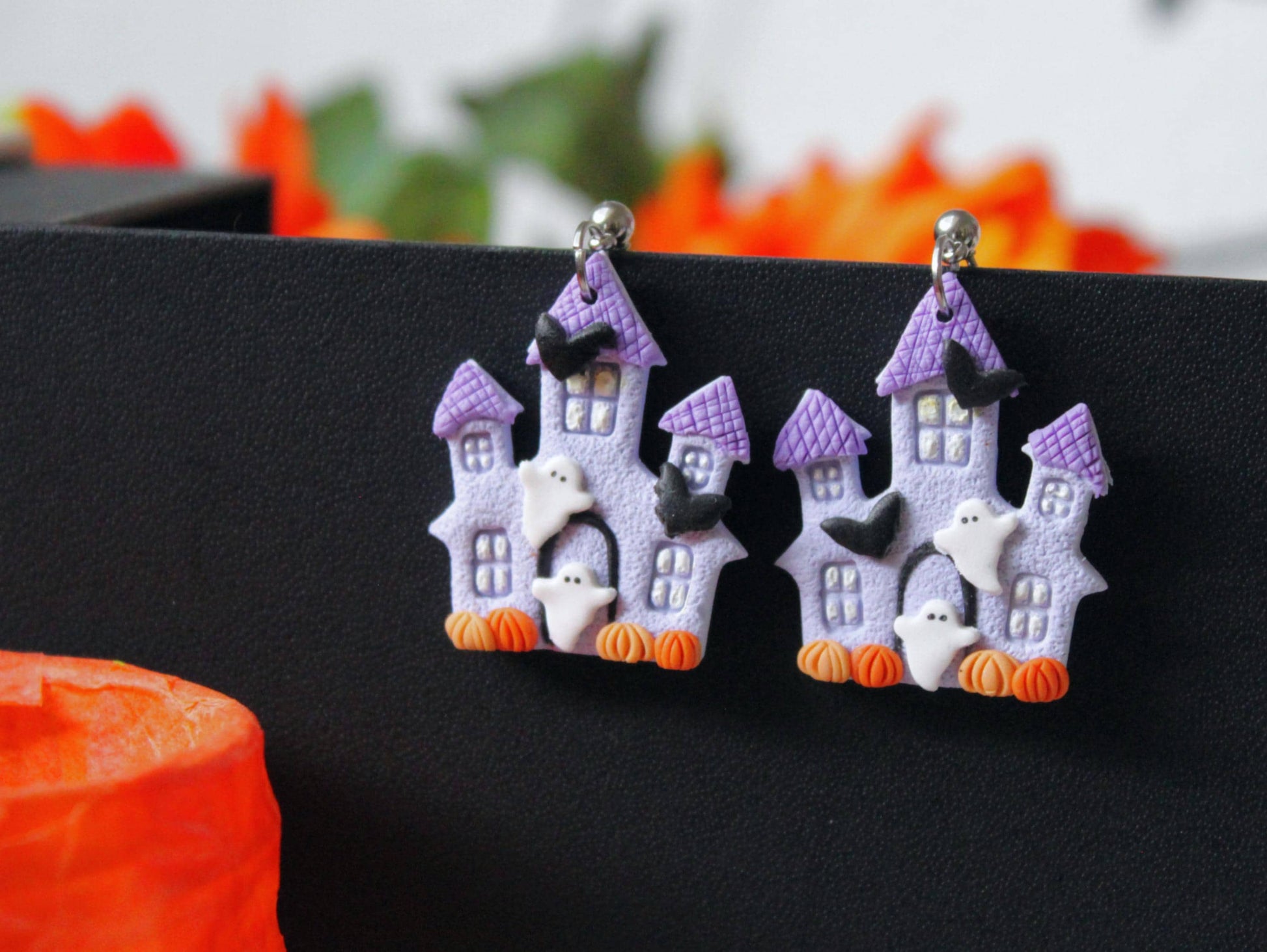 Halloween House Earrings, Halloween Earrings, Ghost Earrings, Dangle Earrings, Polymer Clay Earrings, Haunted House Earrings,Handmade, Gift