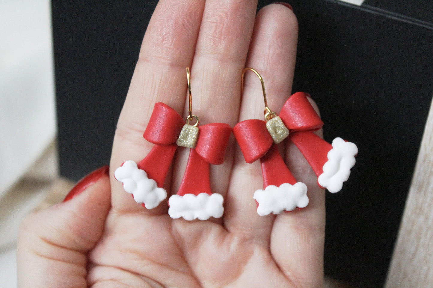 Christmas Bow Earrings, Christmas Earrings, Bow Polymer Clay Earrings, Cute Earrings, Elegant Earrings, Santa, Handmade, Gift for Her, Red