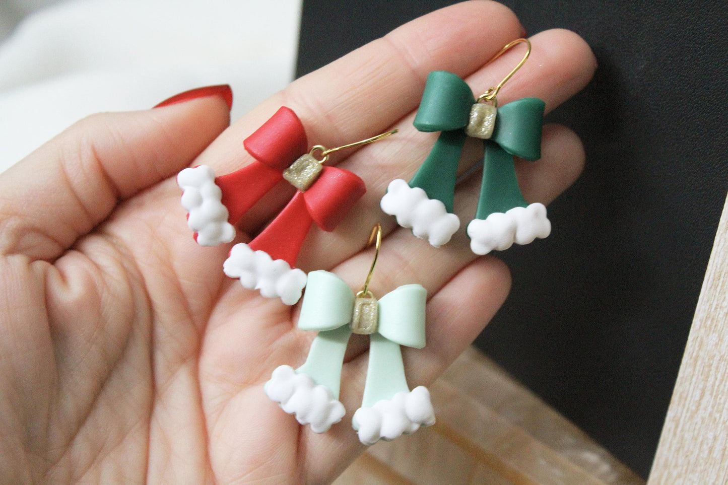 Christmas Bow Earrings, Christmas Earrings, Bow Polymer Clay Earrings, Cute Earrings, Elegant Earrings, Santa, Handmade, Gift for Her, Red
