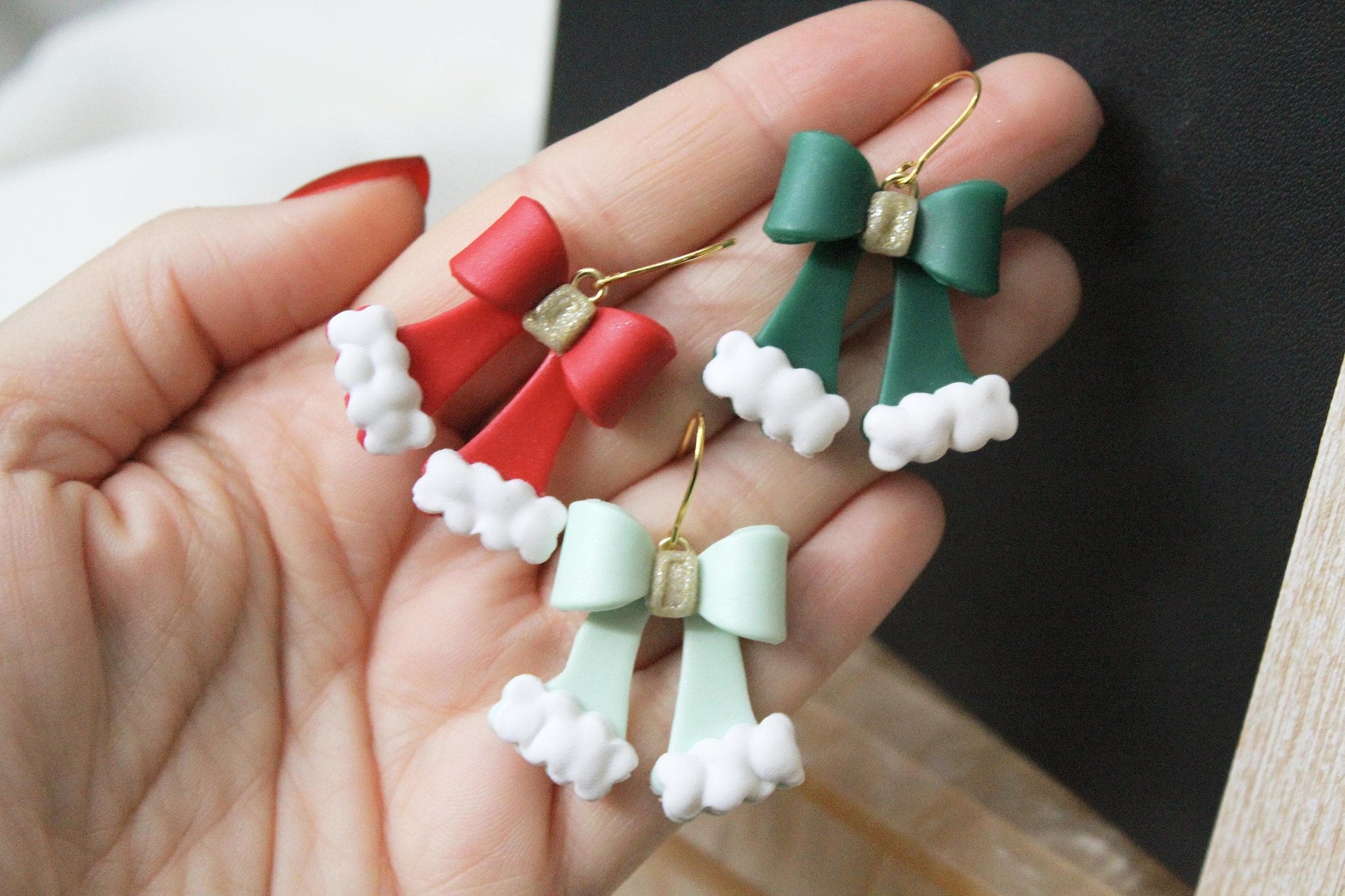 Christmas Bow Earrings, Christmas Earrings, Bow Polymer Clay Earrings, Cute Earrings, Elegant Earrings, Santa, Handmade, Gift for Her, Red