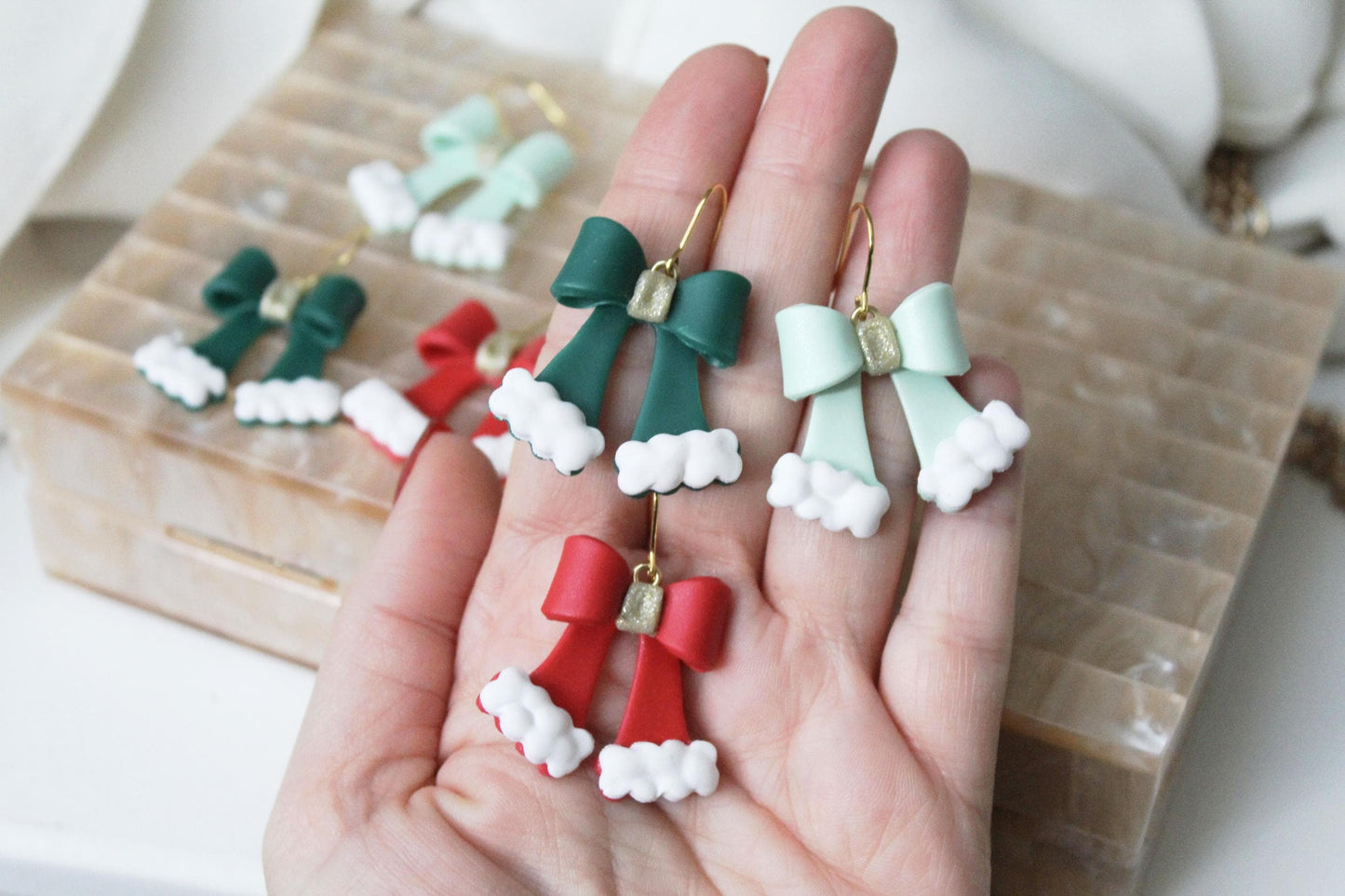 Christmas Bow Earrings, Christmas Earrings, Bow Polymer Clay Earrings, Cute Earrings, Elegant Earrings, Santa, Handmade, Gift for Her, Red