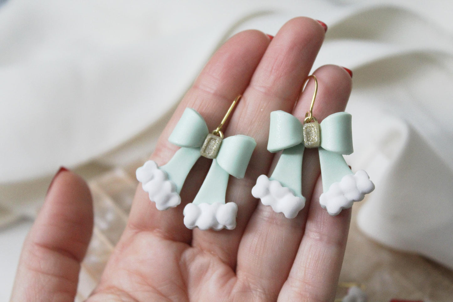 Christmas Bow Earrings, Christmas Earrings, Bow Polymer Clay Earrings, Cute Earrings, Elegant Earrings, Santa, Handmade, Gift for Her, Red