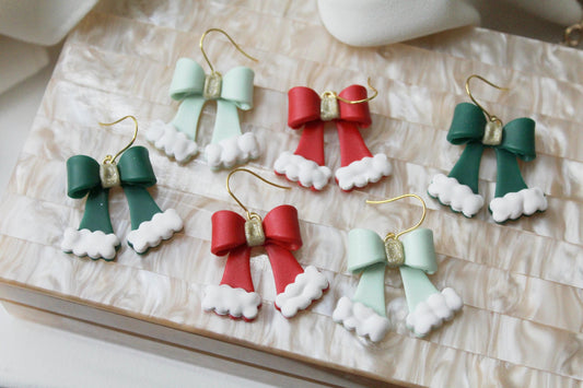 Christmas Bow Earrings, Christmas Earrings, Bow Polymer Clay Earrings, Cute Earrings, Elegant Earrings, Santa, Handmade, Gift for Her, Red