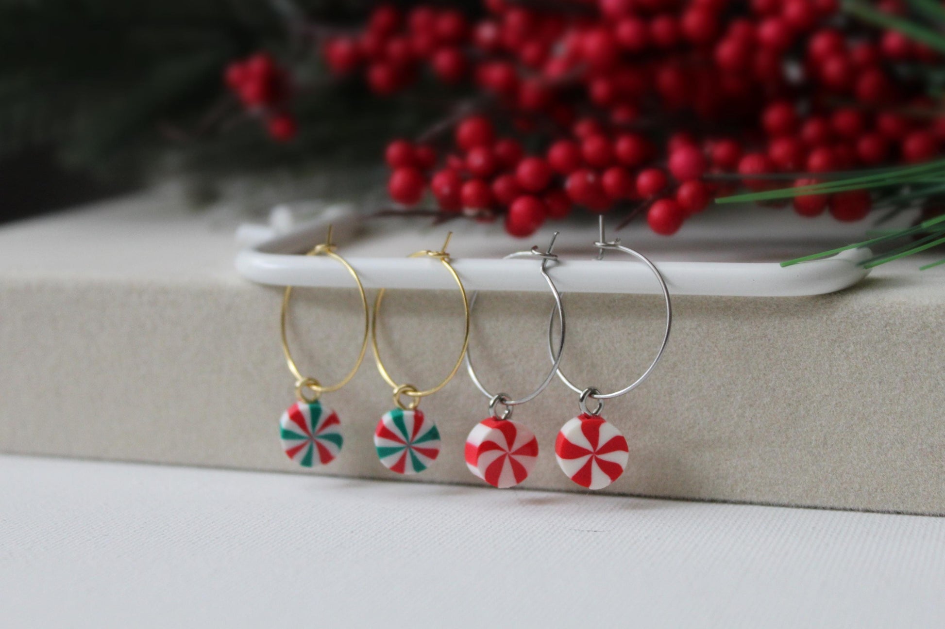 Christmas Hoops, Candy Cane Earrings, Christmas Earrings, Cookie Earrings, Polymer Clay Earrings, Handmade, Gifts for Her,Christmas Party