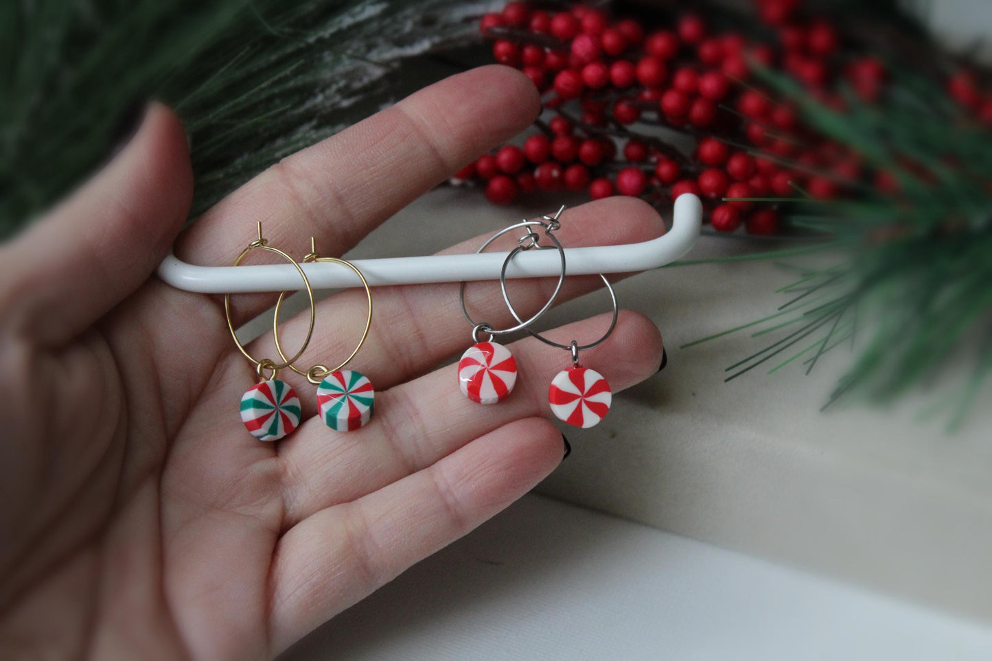 Christmas Hoops, Candy Cane Earrings, Christmas Earrings, Cookie Earrings, Polymer Clay Earrings, Handmade, Gifts for Her,Christmas Party