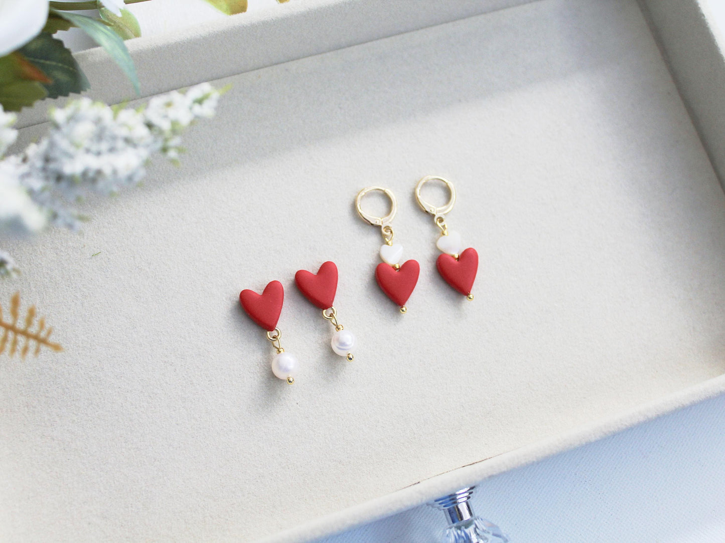 Heart Earrings, Valentine's Day Earrings, Polymer Clay Earrings, Small Clay Earrings, Cute Earrings, Red, Handmade Jewelry, Freshwater Pears