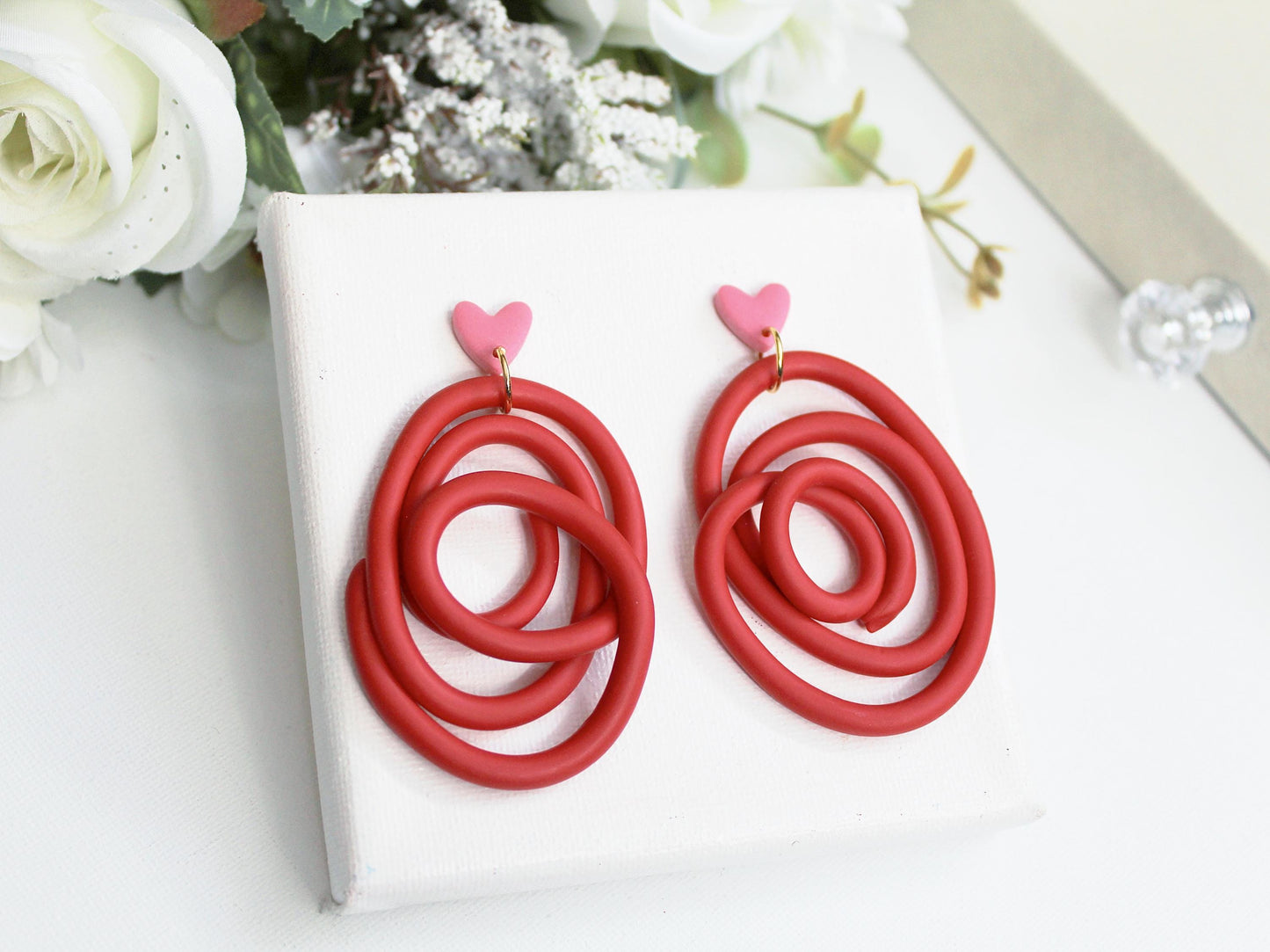Red Spiral Polymer Clay Earrings with Pink Heart Studs, Handmade, Statement Dangle Earrings, Modern Valentine Jewelry,Polymer Clay Earrings