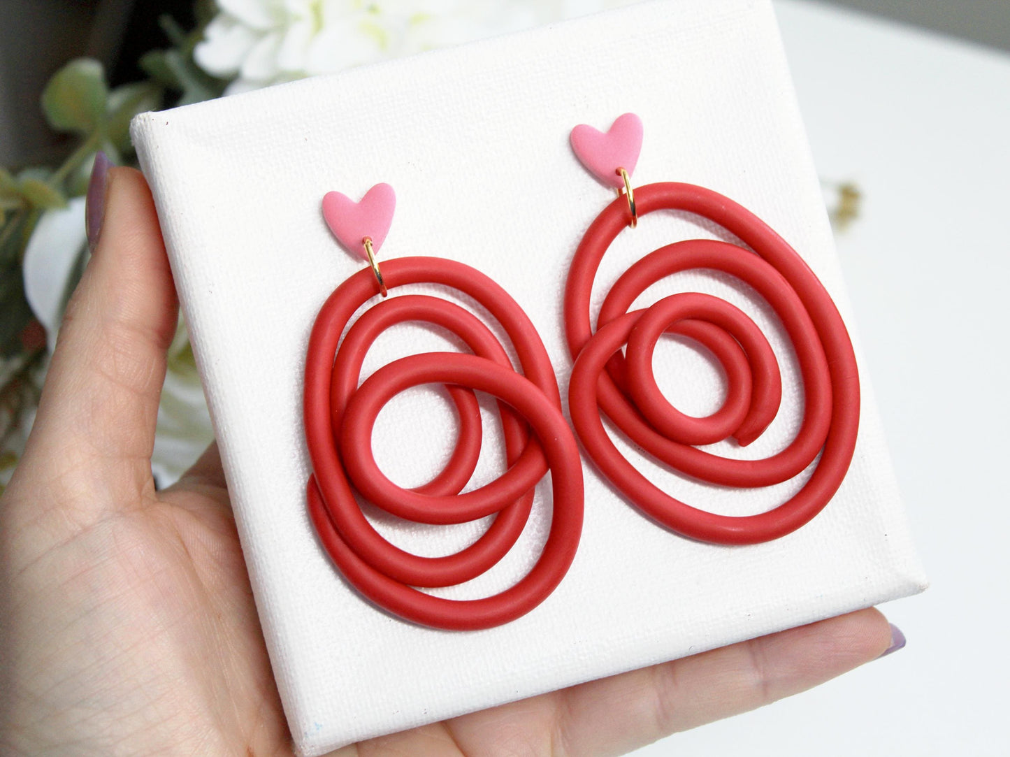 Red Spiral Polymer Clay Earrings with Pink Heart Studs, Handmade, Statement Dangle Earrings, Modern Valentine Jewelry,Polymer Clay Earrings