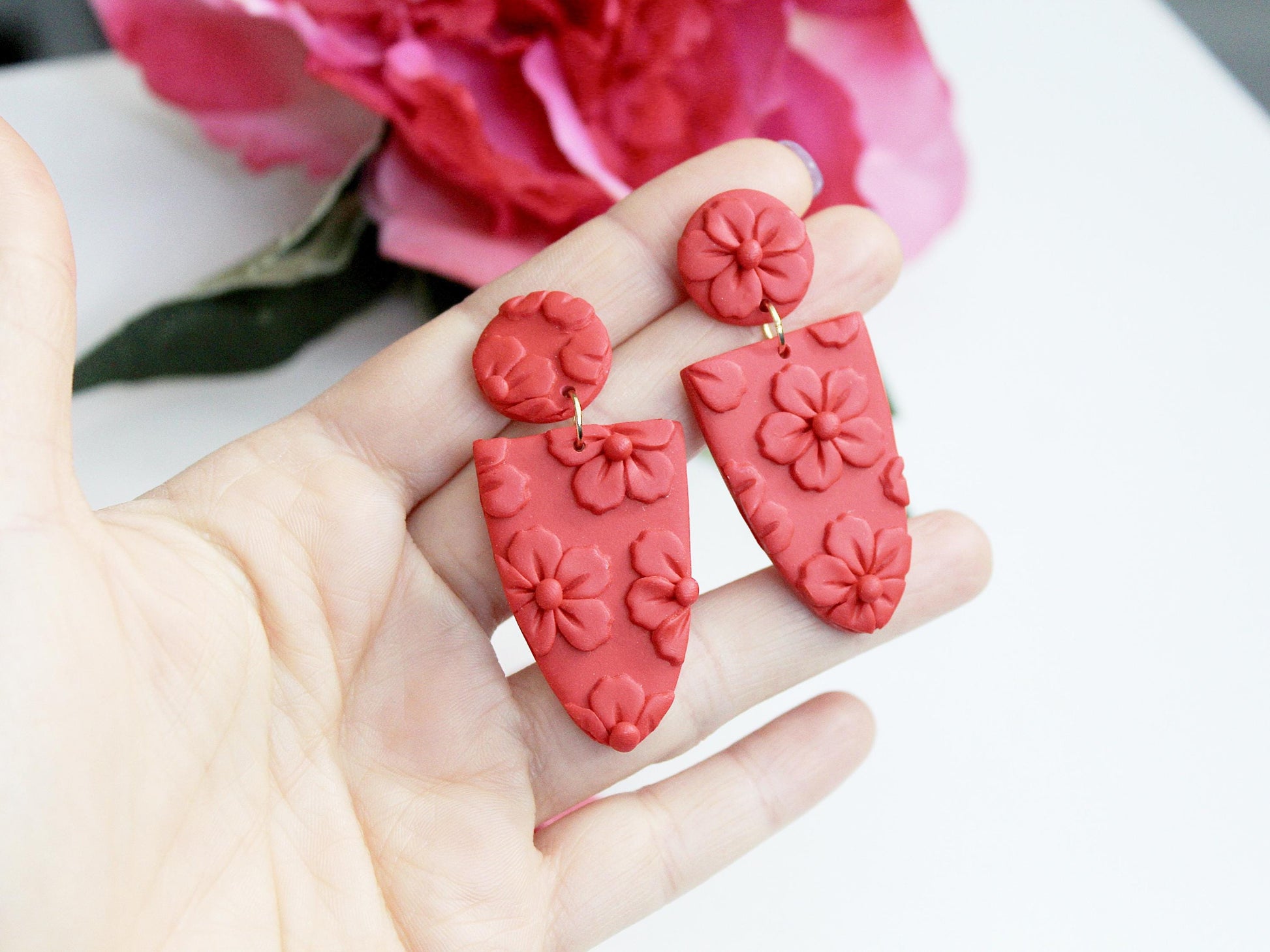 Flower Earrings, Red and Pink Earrings, Polymer Clay Earrings, Floral Earrings Dangle, Spring Earrings, Valentine's gift, Handmade,Statement