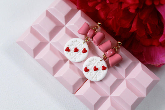 Tic Tac Toe Heart Earrings, Handmade Polymer Clay Earrings, Bow Earrings, Valentine’s Day Jewelry, Cute Pink Dangle Earrings, Gift for Her