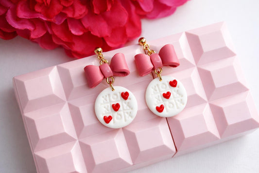 Tic Tac Toe Heart Earrings, Handmade Polymer Clay Earrings, Bow Earrings, Valentine’s Day Jewelry, Cute Pink Dangle Earrings, Gift for Her