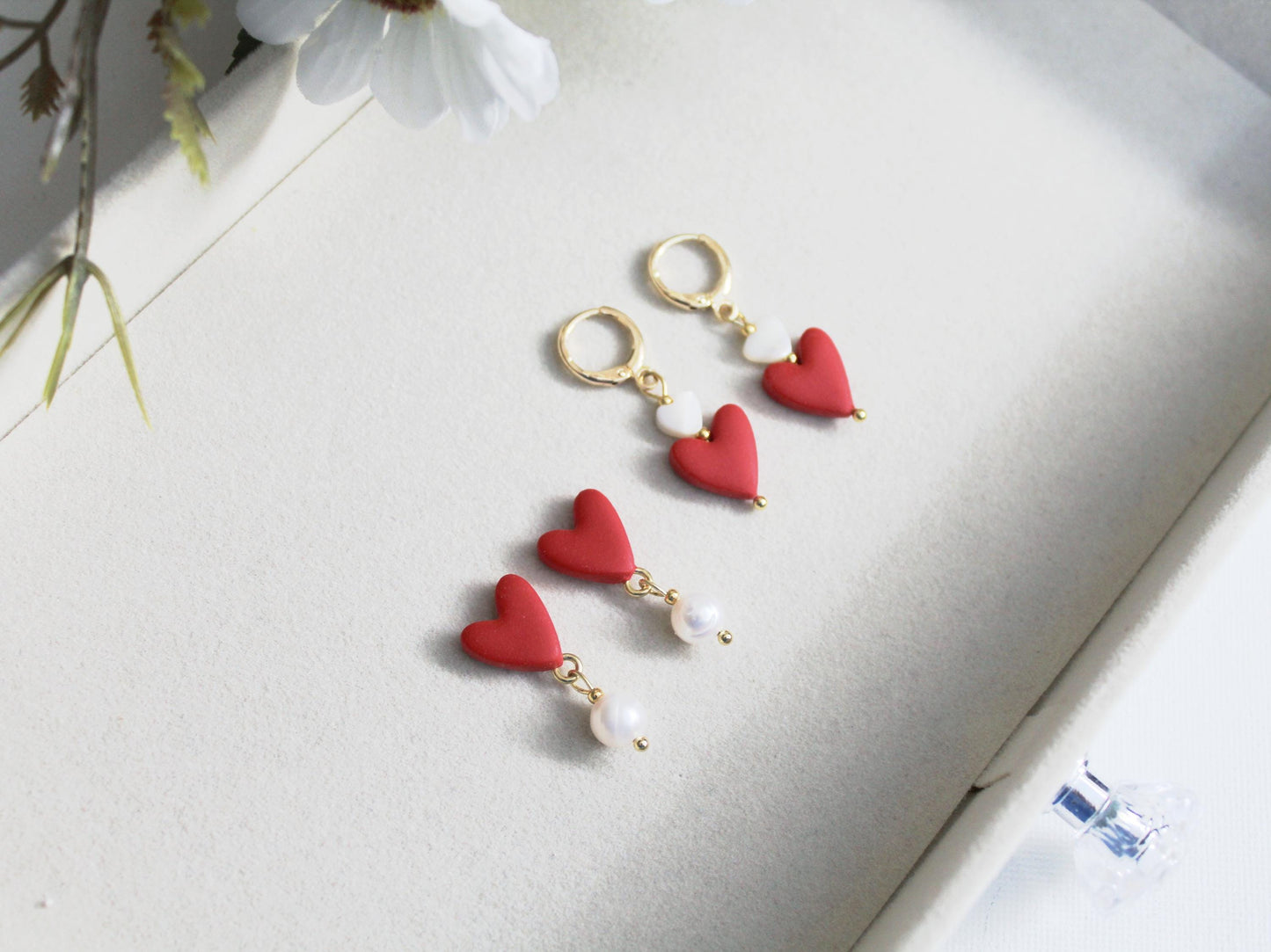 Heart Earrings, Valentine's Day Earrings, Polymer Clay Earrings, Small Clay Earrings, Cute Earrings, Red, Handmade Jewelry, Freshwater Pears
