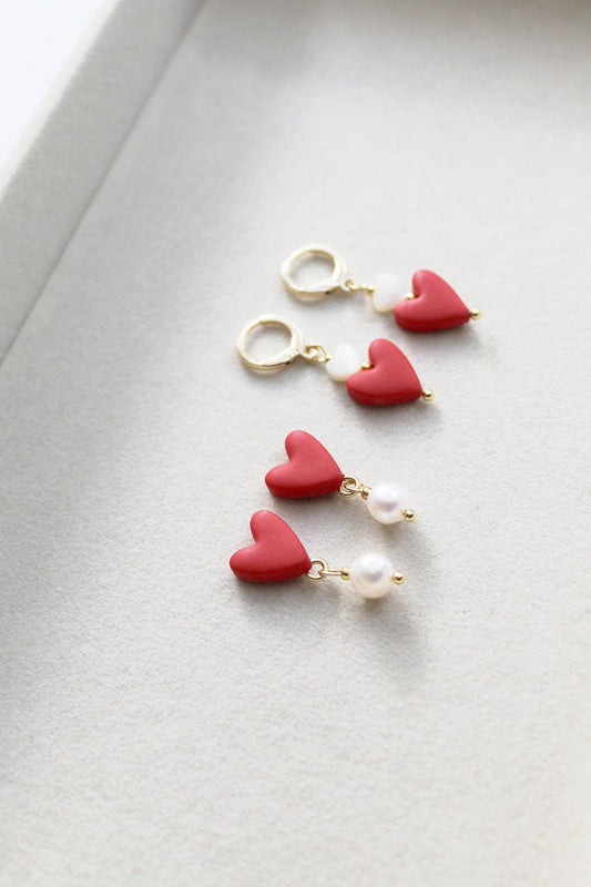 Heart Earrings, Valentine's Day Earrings, Polymer Clay Earrings, Small Clay Earrings, Cute Earrings, Red, Handmade Jewelry, Freshwater Pears
