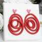 Red Spiral Polymer Clay Earrings with Pink Heart Studs, Handmade, Statement Dangle Earrings, Modern Valentine Jewelry,Polymer Clay Earrings