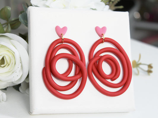 Red Spiral Polymer Clay Earrings with Pink Heart Studs, Handmade, Statement Dangle Earrings, Modern Valentine Jewelry,Polymer Clay Earrings