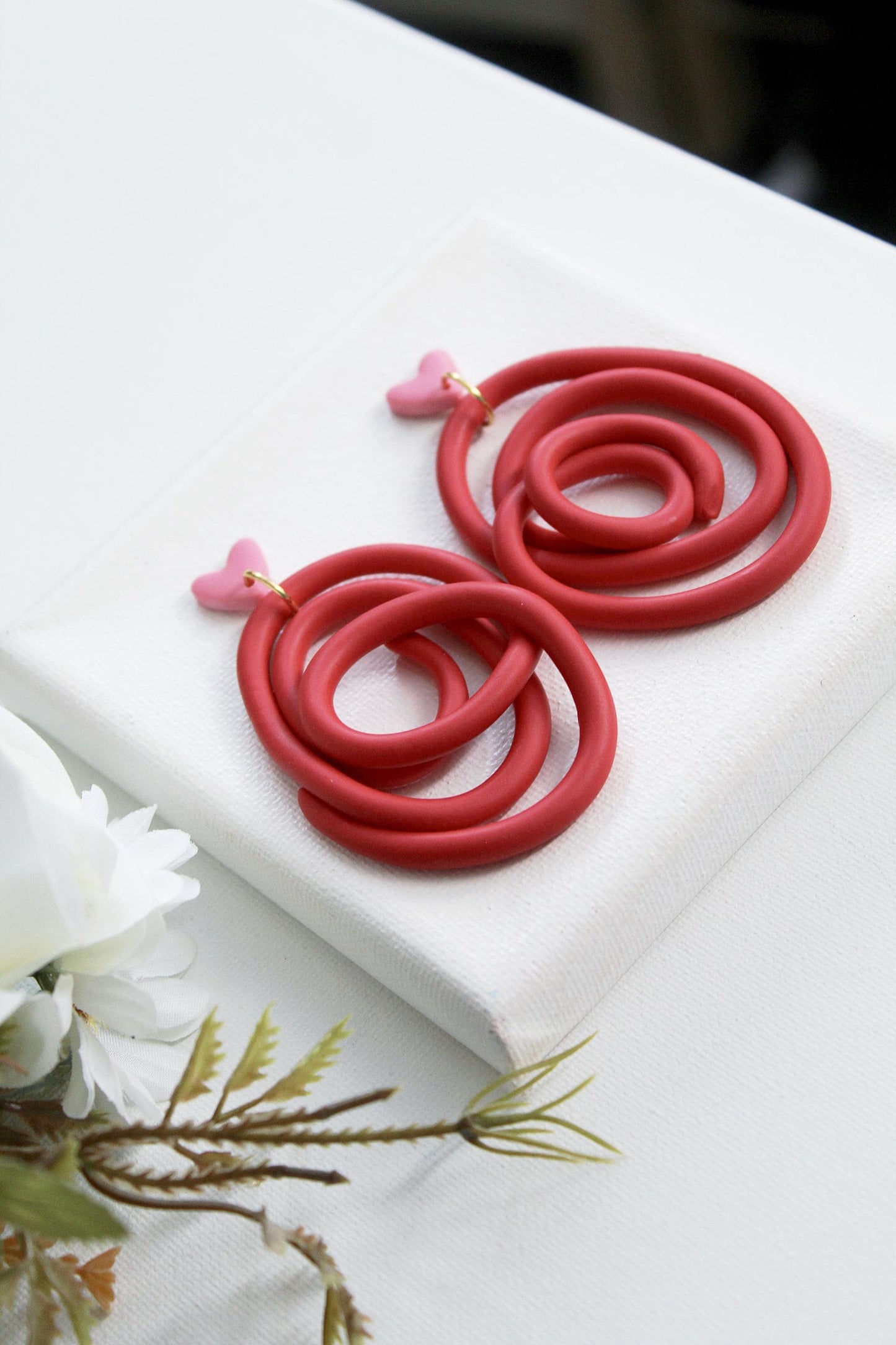 Red Spiral Polymer Clay Earrings with Pink Heart Studs, Handmade, Statement Dangle Earrings, Modern Valentine Jewelry,Polymer Clay Earrings