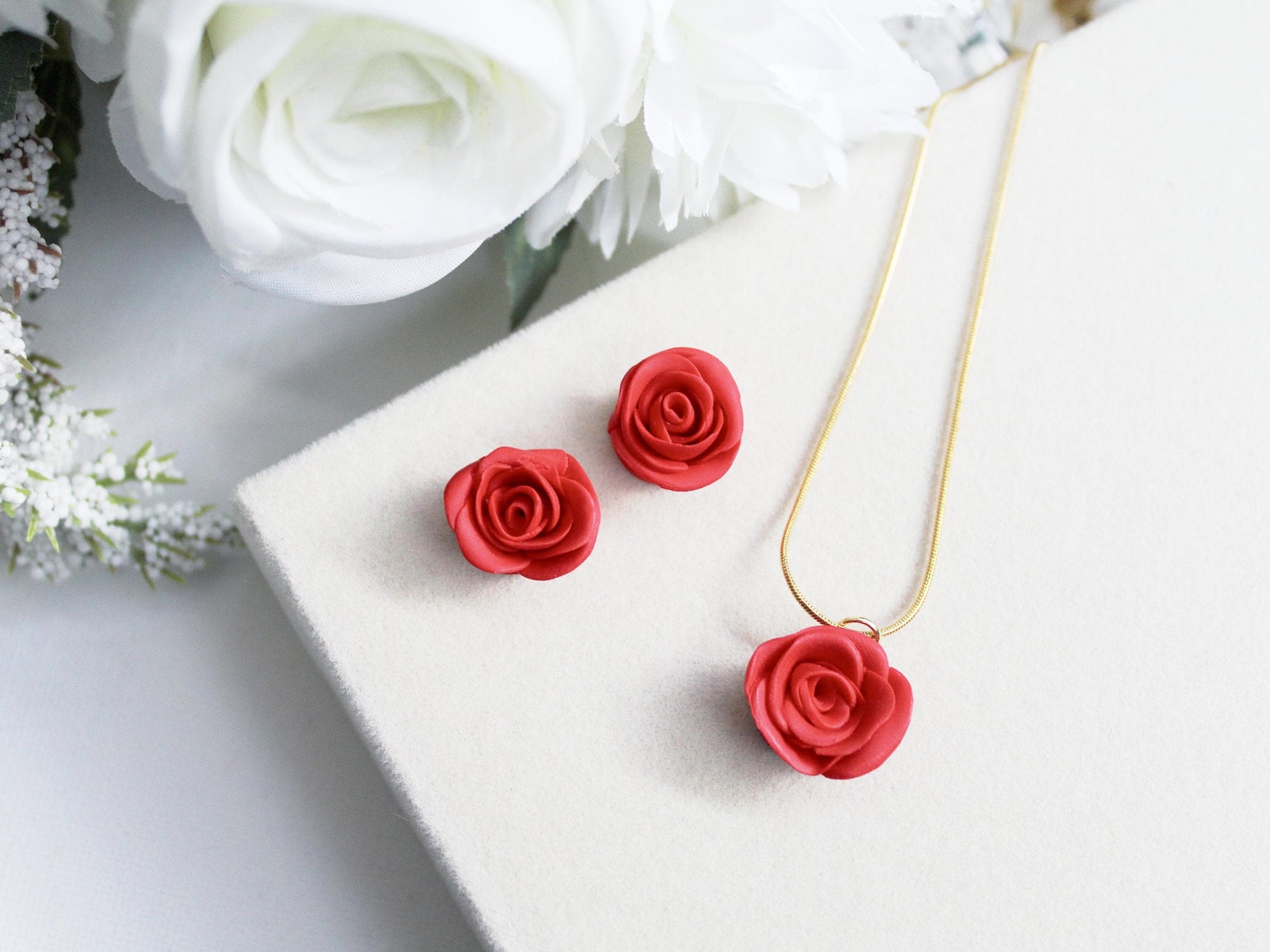 Red Rose Jewelry Set, Polymer Clay Rose Earrings and Necklace, Handmade Floral Jewelry, Romantic Gift for Her,Valentine's SET,Floral Jewelry