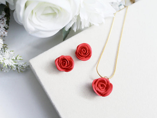 Red Rose Jewelry Set, Polymer Clay Rose Earrings and Necklace, Handmade Floral Jewelry, Romantic Gift for Her,Valentine's SET,Floral Jewelry