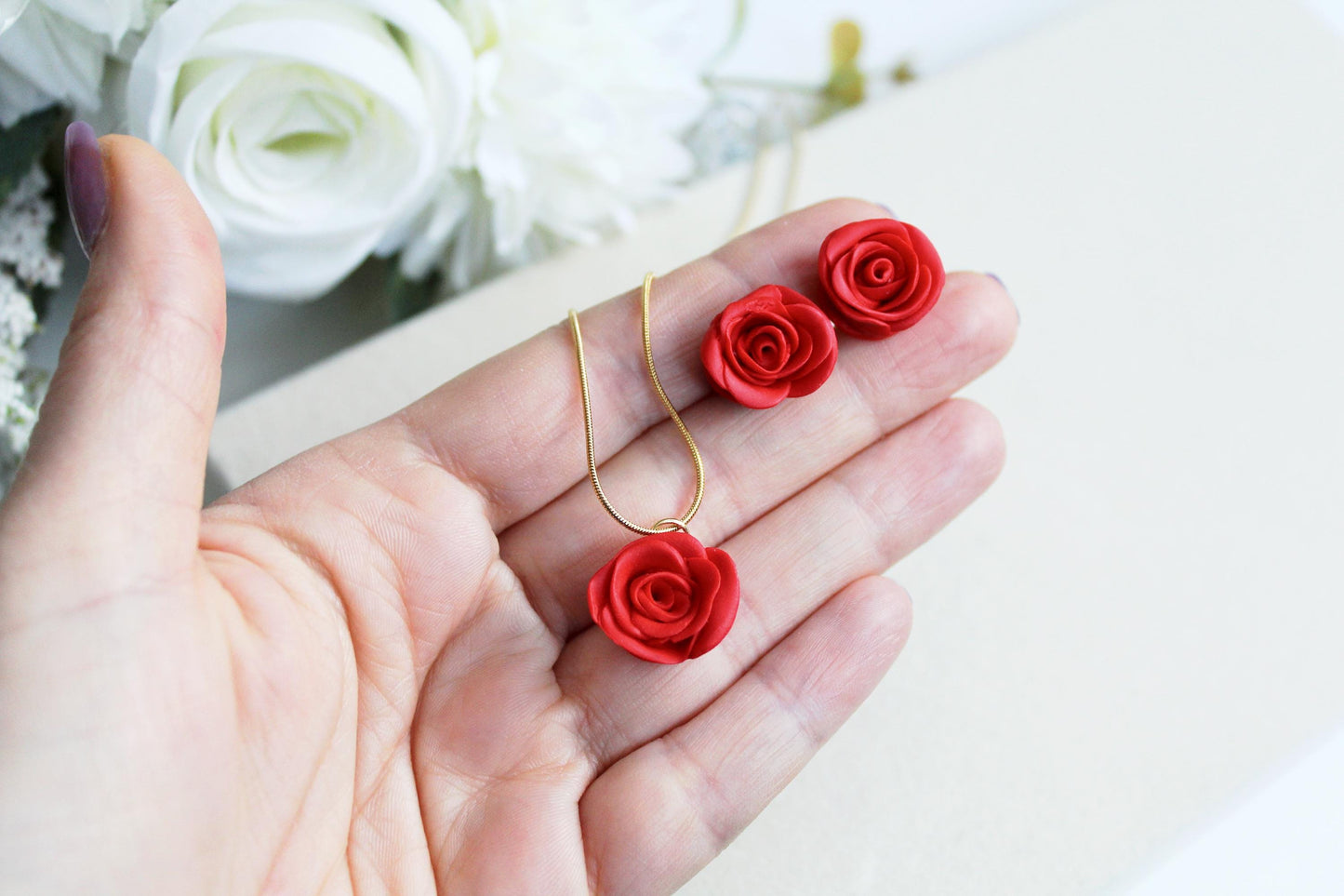 Red Rose Jewelry Set, Polymer Clay Rose Earrings and Necklace, Handmade Floral Jewelry, Romantic Gift for Her,Valentine's SET,Floral Jewelry