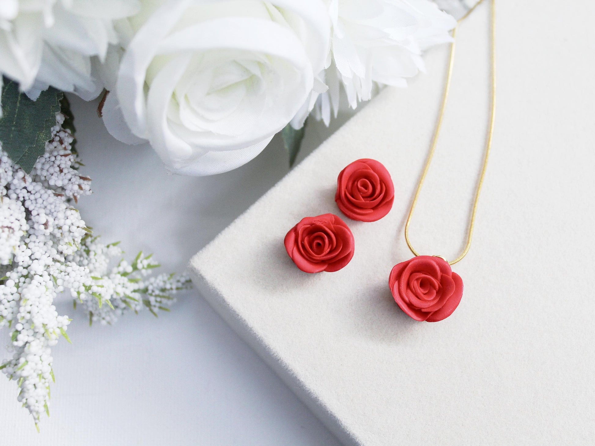 Red Rose Jewelry Set, Polymer Clay Rose Earrings and Necklace, Handmade Floral Jewelry, Romantic Gift for Her,Valentine's SET,Floral Jewelry