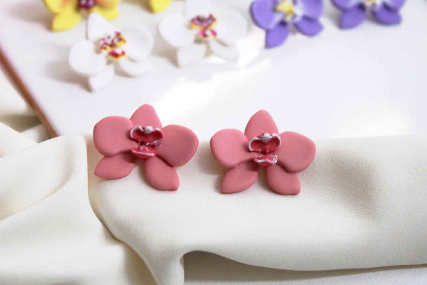 Orchid Earrings, Orchid Stud Earrings, Polymer Clay Earrings, Floral Jewelry, Handmade, Studs, Botanical Bridal Jewelry, Tropical Floral