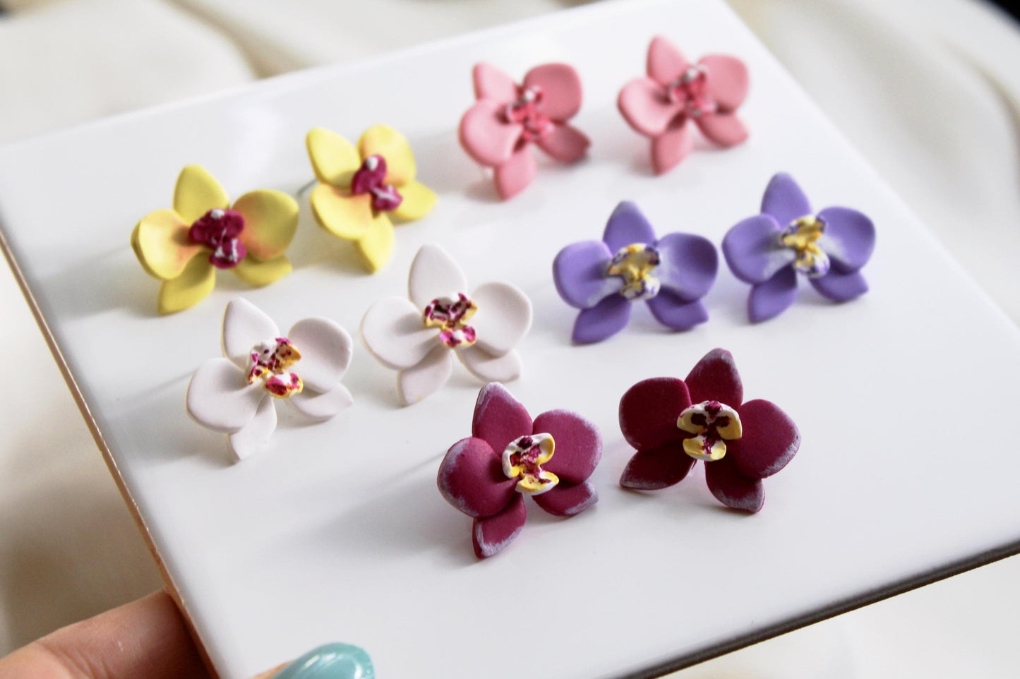 Orchid Earrings, Orchid Stud Earrings, Polymer Clay Earrings, Floral Jewelry, Handmade, Studs, Botanical Bridal Jewelry, Tropical Floral