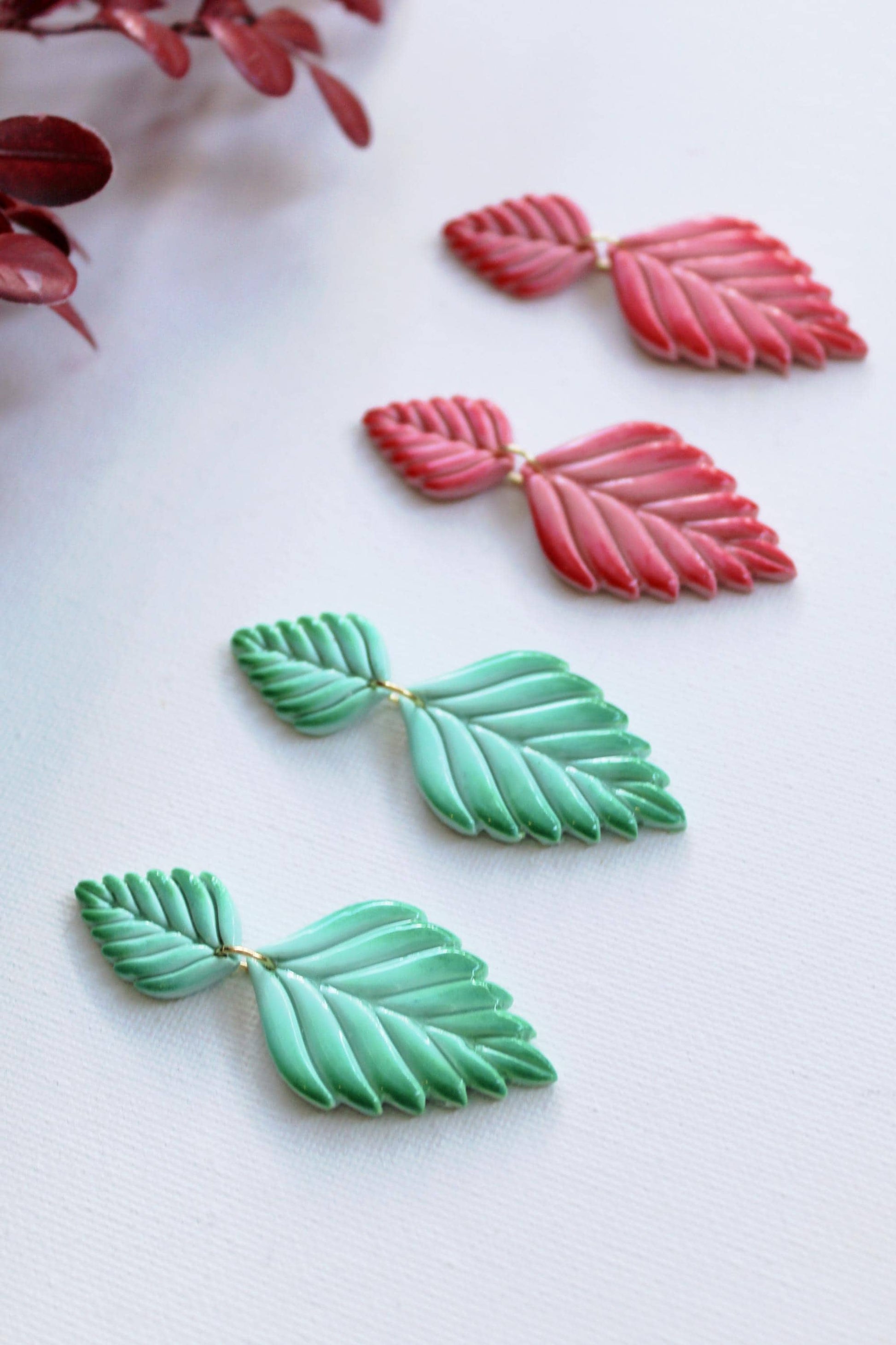 Ombre Leaf Dangle Earrings, Polymer Clay Botanical Statement Earrings, Mint Green & Coral Pink Handmade Lightweight Jewelry Gift for Her