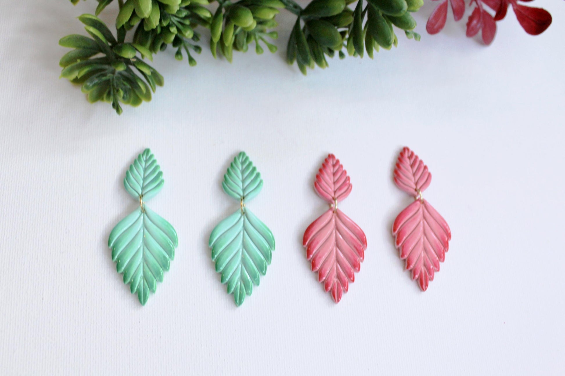 Ombre Leaf Dangle Earrings, Polymer Clay Botanical Statement Earrings, Mint Green & Coral Pink Handmade Lightweight Jewelry Gift for Her