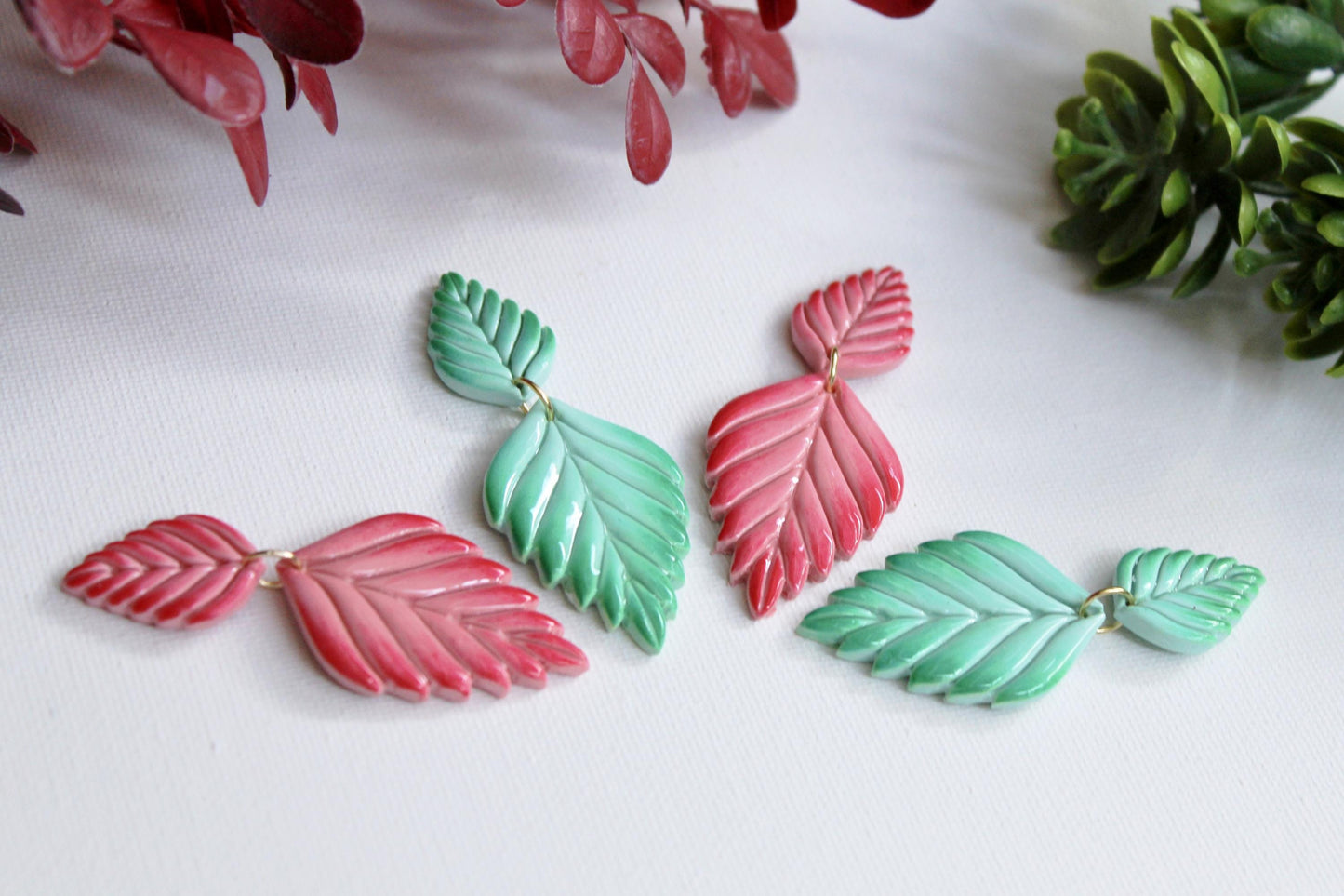 Ombre Leaf Dangle Earrings, Polymer Clay Botanical Statement Earrings, Mint Green & Coral Pink Handmade Lightweight Jewelry Gift for Her