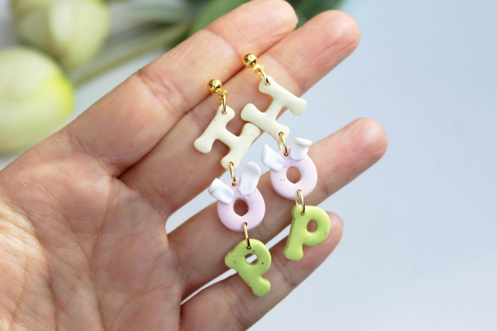 Easter HOP Dangle Earrings, Pastel Polymer Clay Bunny Letter Earrings, Cute Spring Statement Jewelry, Lightweight Handmade Gift for Her