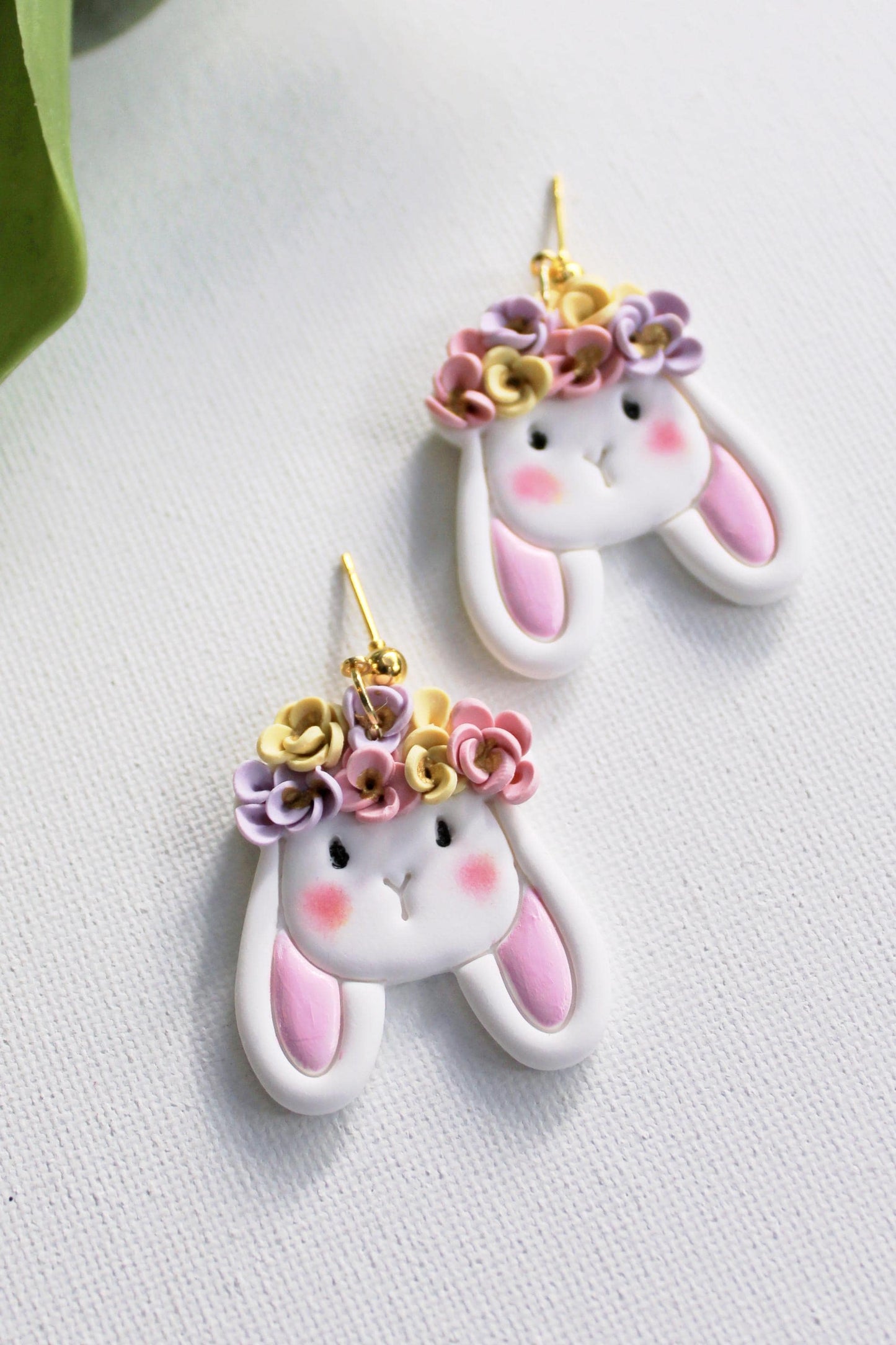 Floral Bunny Dangle Earrings, Polymer Clay Easter Bunny with Flower Crown, Cute Spring Statement Earrings, Handmade Gift for Her,Cottagecore