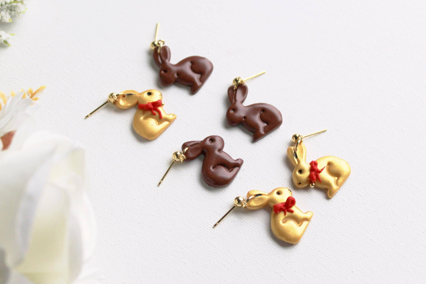 Chocolate Bunny Earrings, Easter Rabbit Polymer Clay Dangle Earrings, Gold & Brown Easter Jewelry, Cute Easter Basket Gift for Her, Handmade