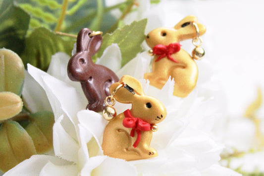 Chocolate Bunny Earrings, Easter Rabbit Polymer Clay Dangle Earrings, Gold & Brown Easter Jewelry, Cute Easter Basket Gift for Her, Handmade