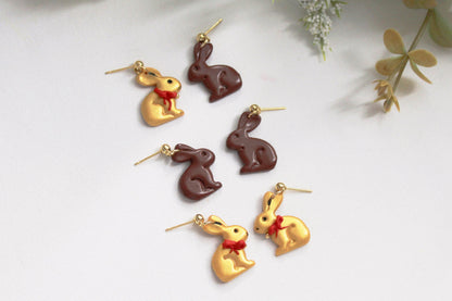 Chocolate Bunny Earrings, Easter Rabbit Polymer Clay Dangle Earrings, Gold & Brown Easter Jewelry, Cute Easter Basket Gift for Her, Handmade