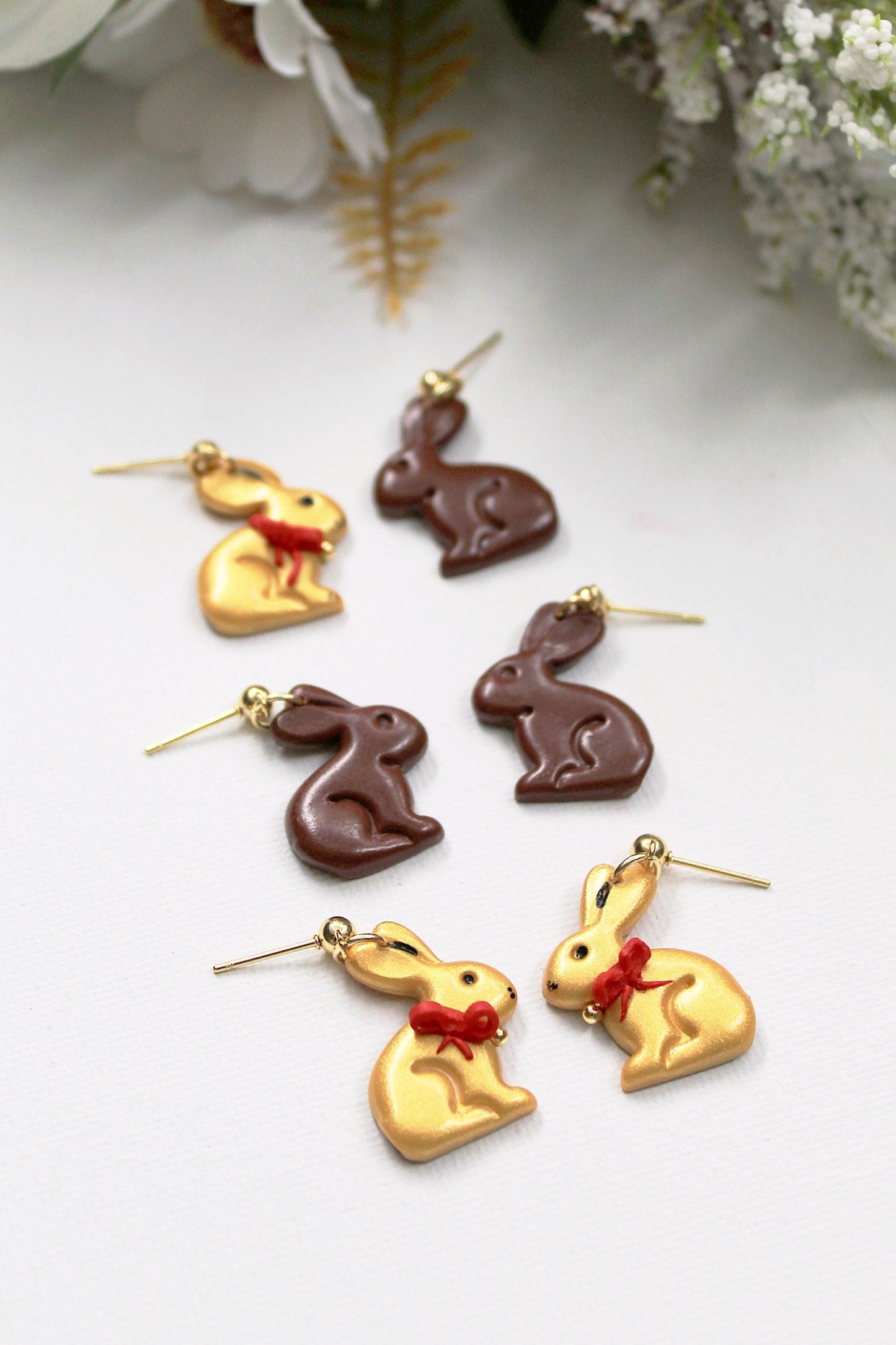 Chocolate Bunny Earrings, Easter Rabbit Polymer Clay Dangle Earrings, Gold & Brown Easter Jewelry, Cute Easter Basket Gift for Her, Handmade