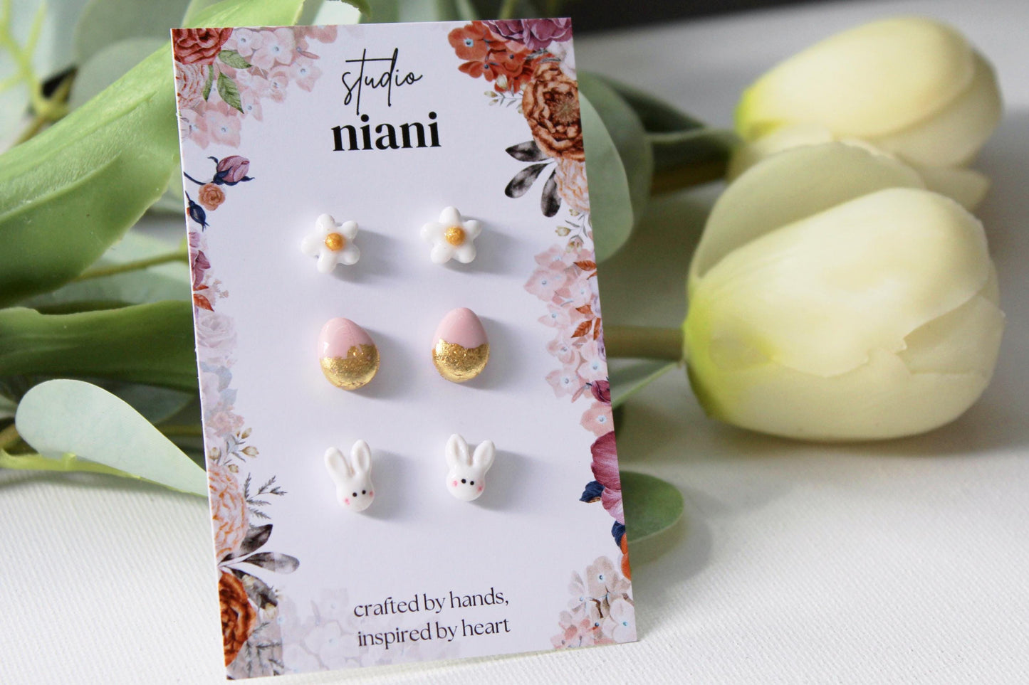 Easter Stud Earrings Set, Bunny Daisy & Gold Egg Polymer Clay Studs, Tiny Spring Earrings, Cute Easter Basket Gift, Tiny Stud Earrings, Gift