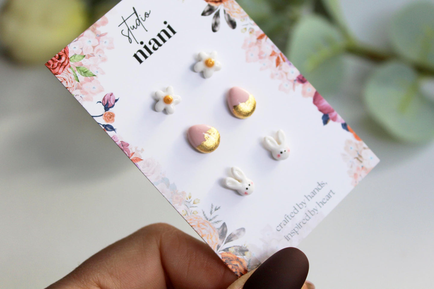 Easter Stud Earrings Set, Bunny Daisy & Gold Egg Polymer Clay Studs, Tiny Spring Earrings, Cute Easter Basket Gift, Tiny Stud Earrings, Gift