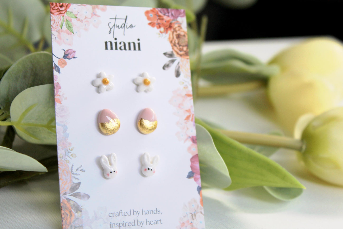 Easter Stud Earrings Set, Bunny Daisy & Gold Egg Polymer Clay Studs, Tiny Spring Earrings, Cute Easter Basket Gift, Tiny Stud Earrings, Gift