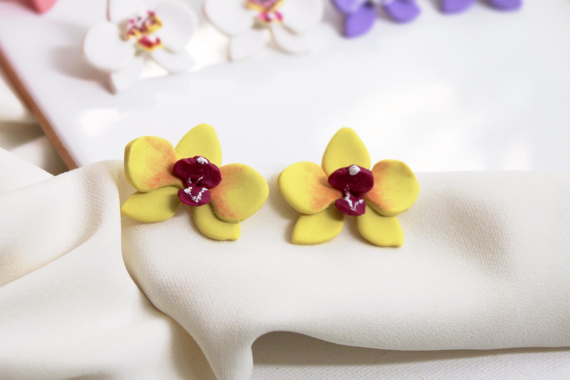 Orchid Earrings, Orchid Stud Earrings, Polymer Clay Earrings, Floral Jewelry, Handmade, Studs, Botanical Bridal Jewelry, Tropical Floral