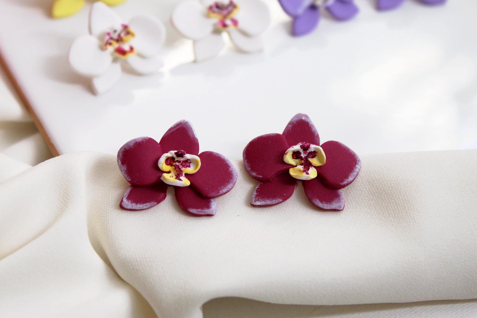 Orchid Earrings, Orchid Stud Earrings, Polymer Clay Earrings, Floral Jewelry, Handmade, Studs, Botanical Bridal Jewelry, Tropical Floral