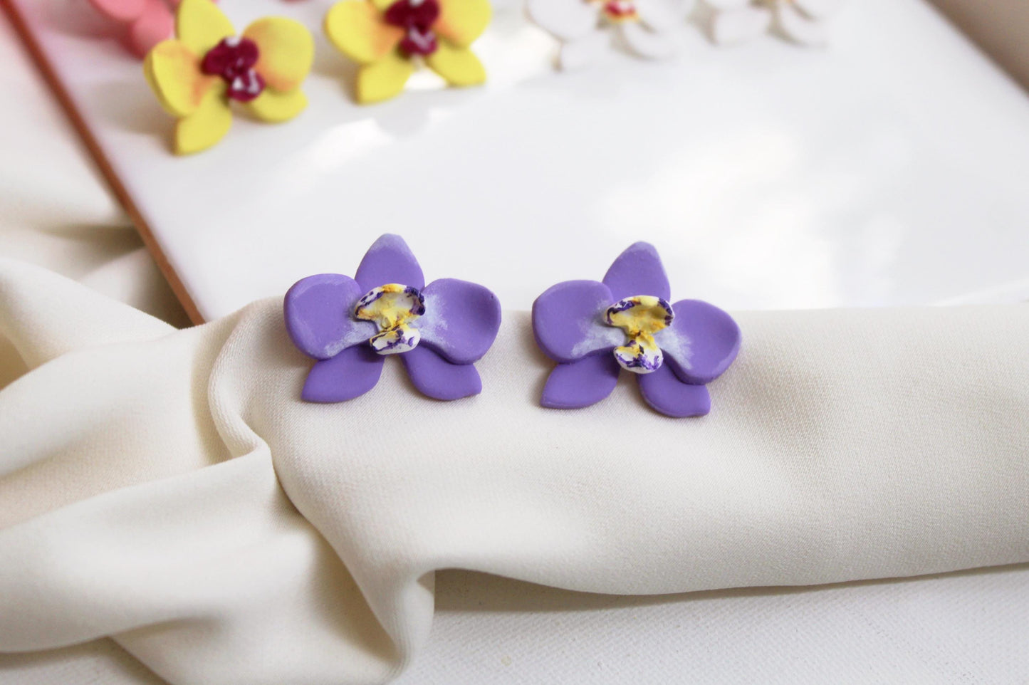 Orchid Earrings, Orchid Stud Earrings, Polymer Clay Earrings, Floral Jewelry, Handmade, Studs, Botanical Bridal Jewelry, Tropical Floral