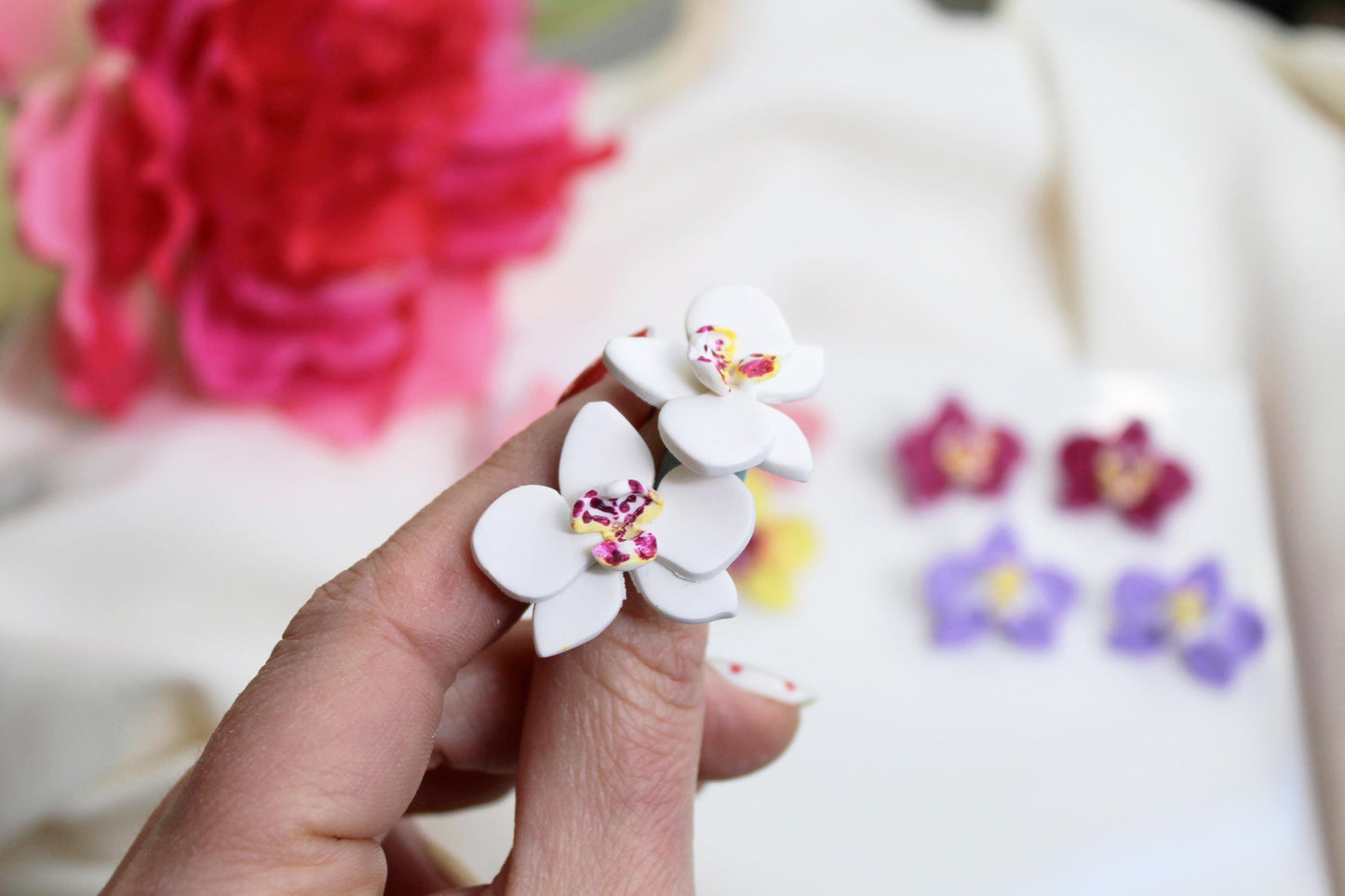Orchid Earrings, Orchid Stud Earrings, Polymer Clay Earrings, Floral Jewelry, Handmade, Studs, Botanical Bridal Jewelry, Tropical Floral