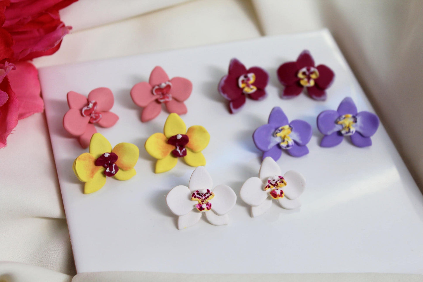 Orchid Earrings, Orchid Stud Earrings, Polymer Clay Earrings, Floral Jewelry, Handmade, Studs, Botanical Bridal Jewelry, Tropical Floral