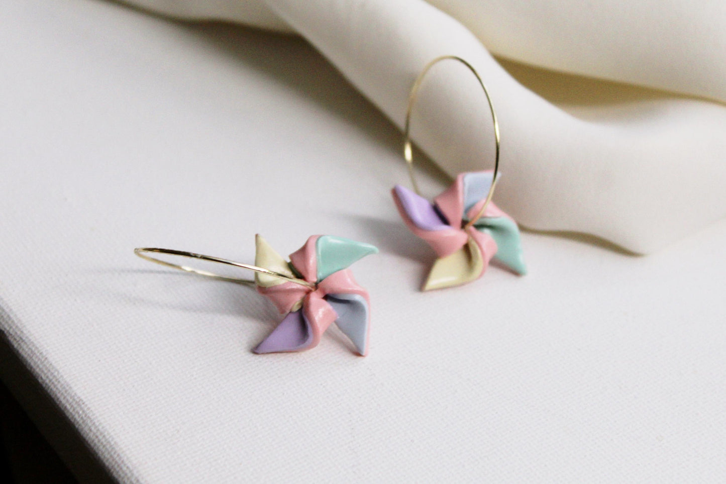 Pastel Pinwheel Hoop Earrings, Hoop Earrings, Spring Earrings, Handmade, 18k gold plated, Colorful Polymer Clay Earrings, Gift for Her,Hoops